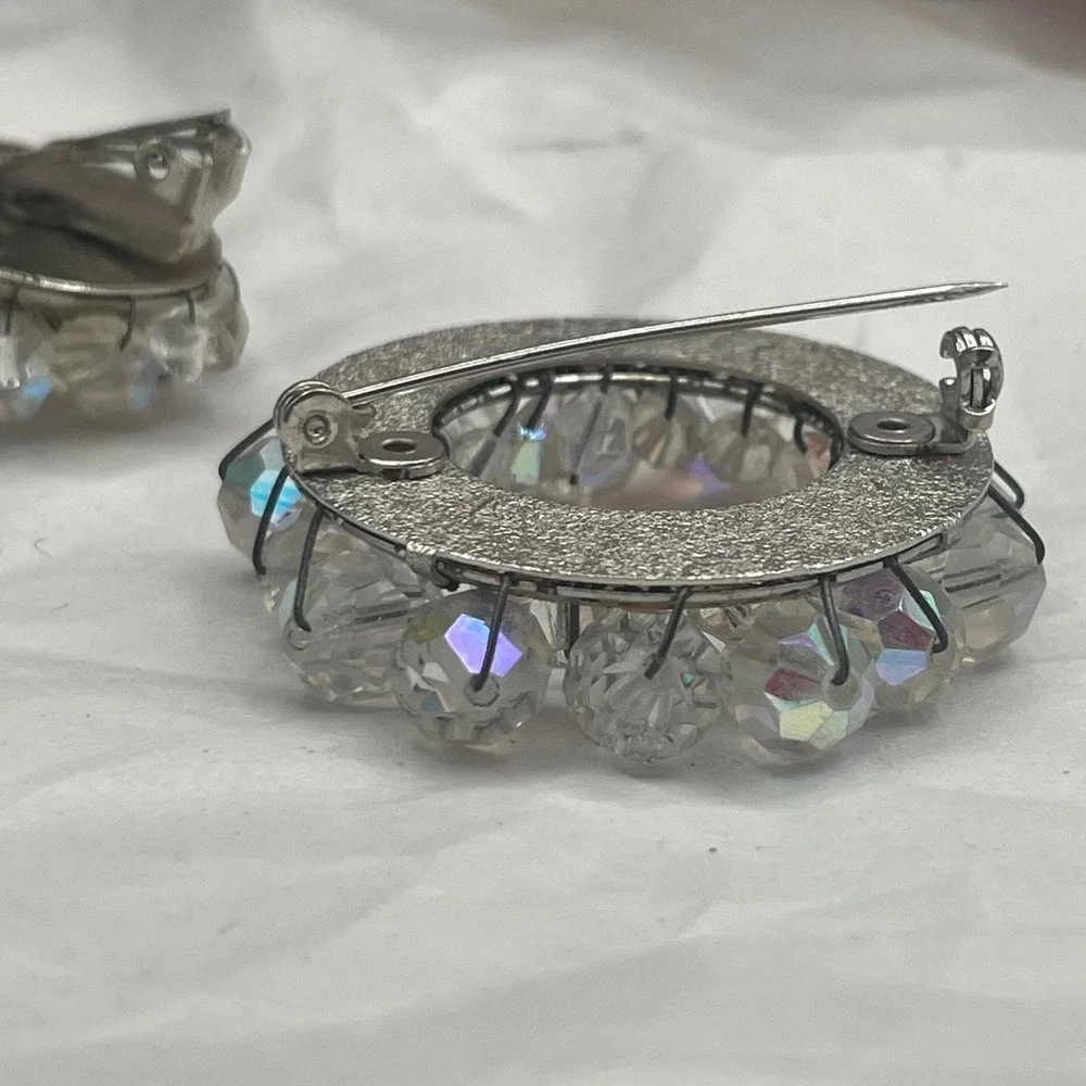 Aurora Borealis Crystal Brooch/Clip Earrings Set 1950s Sparkling Cluster Jewelry